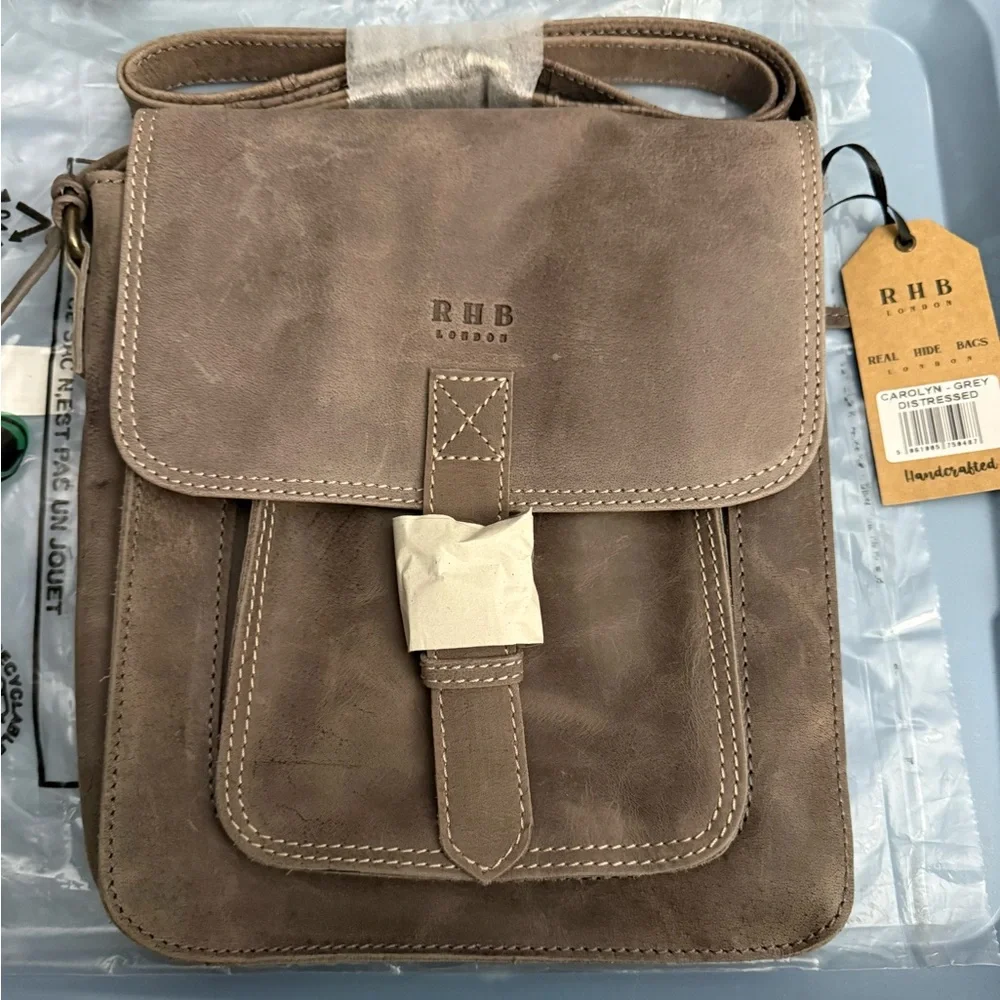 RHB London 'Carolyn' Grey Distressed Real Leather iPad Tablet Mens Crossbody Bag